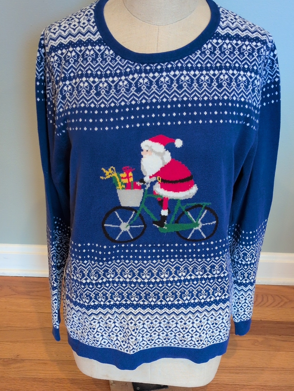 Lands End Blue Santa on Bicycle Holiday Sweater Large